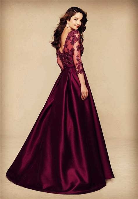 A Line V Neck Long Burgundy Satin Lace Sleeve Mother Of The Bride