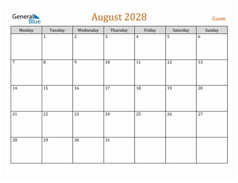 Free August 2028 Guam Calendar