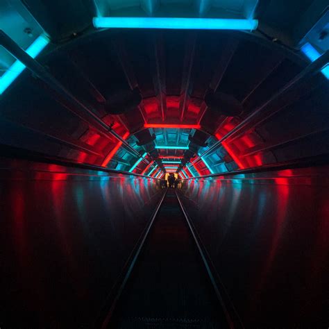 Download Wallpaper 2780x2780 Escalator Tunnel Dark Neon Blue Red