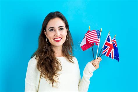 Woman With Flags Of English Speaking Countries Stock Image Image Of