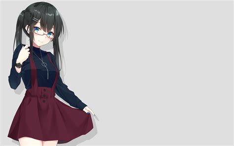 Wallpaper Anime Girl Blue Eyes Dress Glasses Black Hair Meganekko