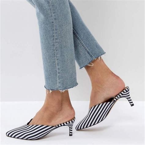 Black And White Stripe Mules Pointy Toe Kitten Heels For Women For Work