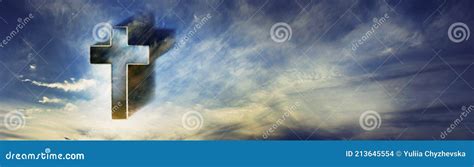 Shining Cross In Clouds On Blue Sky Copy Space Ascension Day Concept