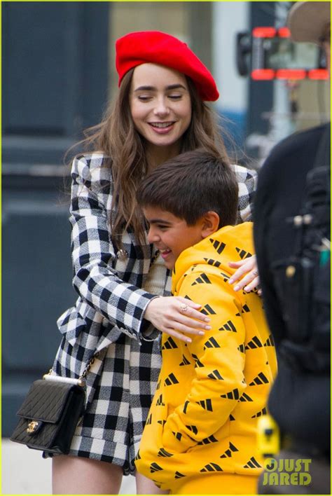 Lily Collins Wears A Red Beret For Emily In Paris Filming Photo