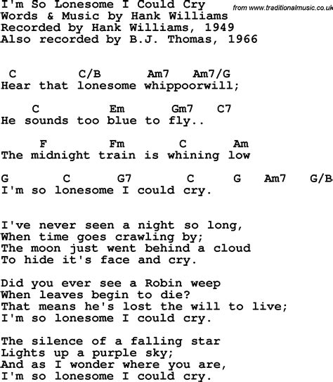 Song Lyrics With Guitar Chords For I M So Lonesome I Could Cry Hank Williams