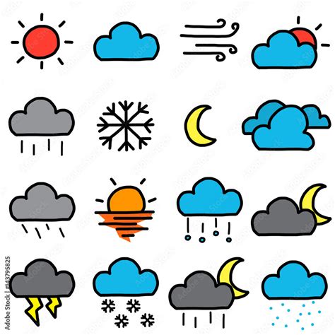 Weather Symbols Icons Set Cartoon Vector And Illustration Hand