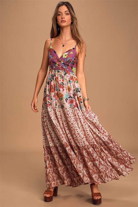 Boldly Boho Pink Multi Floral Print Tiered Maxi Dress Maxi Dress Boho Maxi Dress Long Sleeve