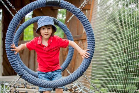 Cute Child Boy Climbing In A Rope Playground Structure Stock Image
