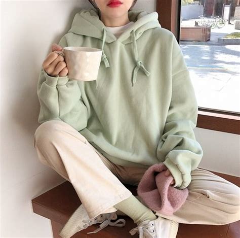 Official Korean Fashion Green Sweatshirt Outfit Korean Outfits Aesthetic Shirts
