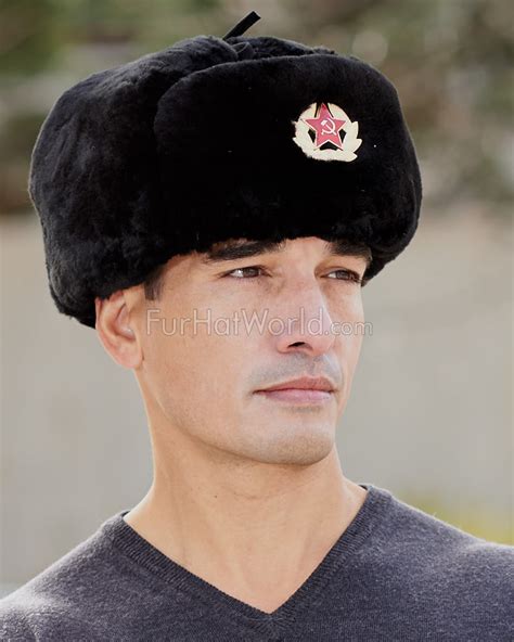Black Mouton Sheepskin Russian Ushanka Hat With Badge