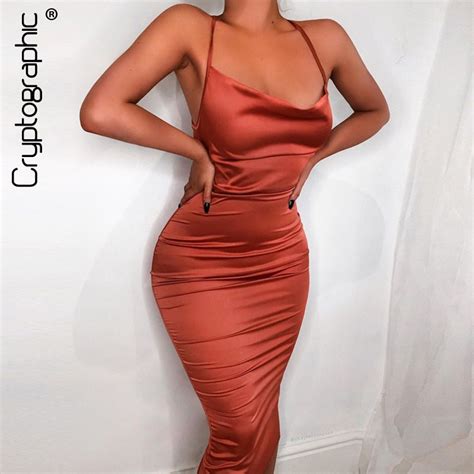 Cryptographic Sleeveless Spaghetti Strap Satin Dress Sexy Backless Lace Up Solid Bodycon Dresses
