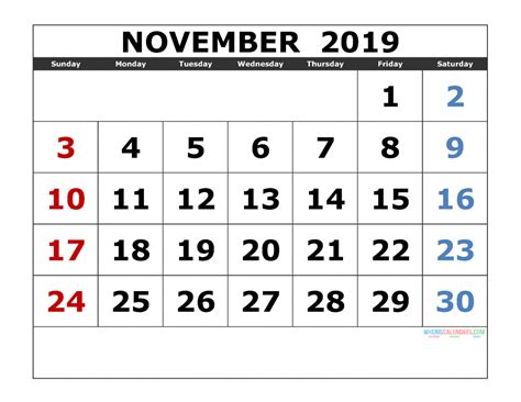 November 2019 Printable Calendar Templates 2019 Monthly Calendar