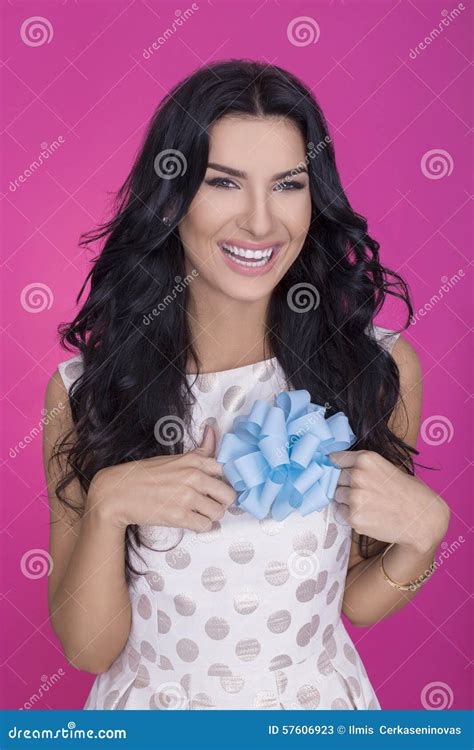 Beautiful Women In Pink Background With Present Party Love T Stock Image Image Of T