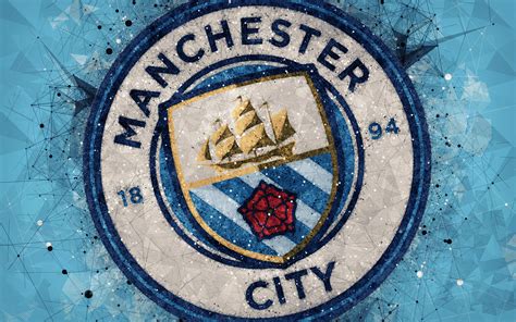 The Manchester City Logo On A Blue And White Background With Geometric