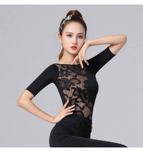 Womens Lace Patchwork Latin Ballroom Dance Tops Stage Performance Salsa Chacha Dance Shirts For