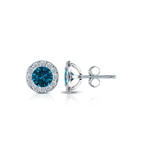 Certified Platinum Halo Round Blue Diamond Stud Earrings 1 00 Ct Tw