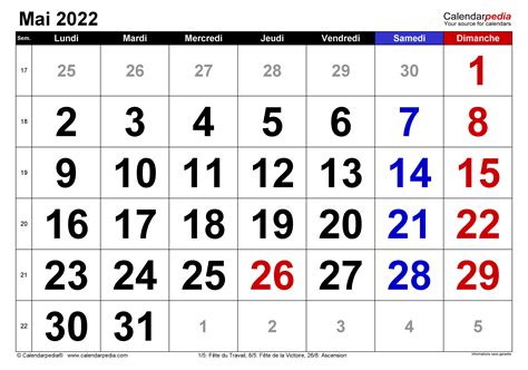 Calendrier Mai 2022 Excel Word Et Pdf Calendarpedia