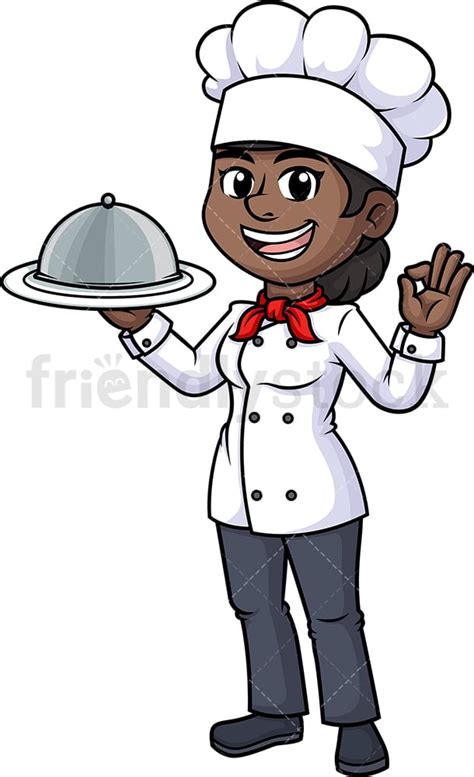 Black Female Chef Holding Serving Tray Cartoon Clipart Vector