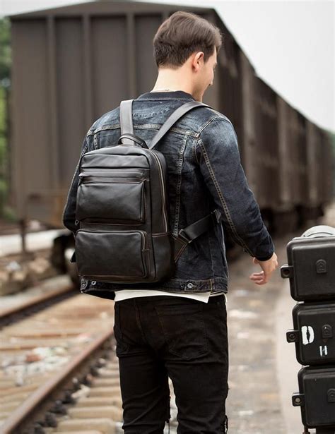 Cool Black Mens Leather 14 Inches Computer Backpack College Backpacks