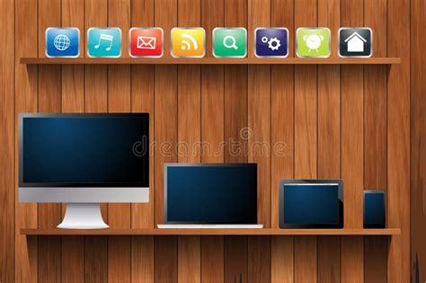 Vector Electronic Devices Computer On Wood Shelf Stock Vector