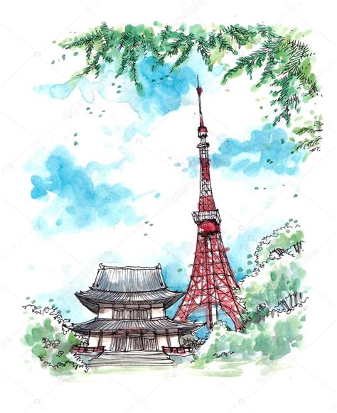 Japan Landmark Tokyo Tower Watercolor Illustration Stock Editorial