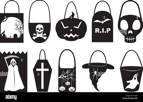 Set Of Different Halloween Trick Or Treat Bags Isolated On White Stock