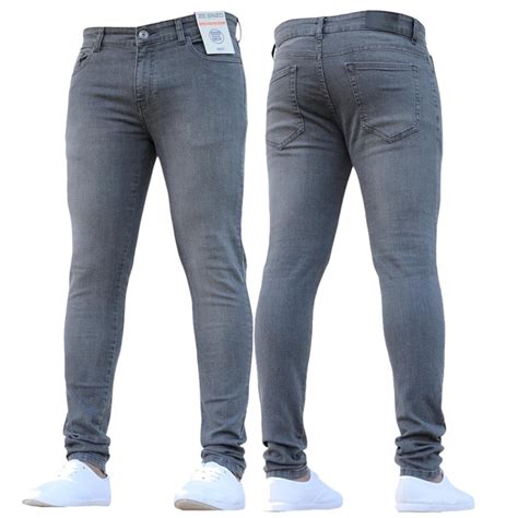 Enzo Mens Designer Stretch Super Skinny Denim Jeans Grey