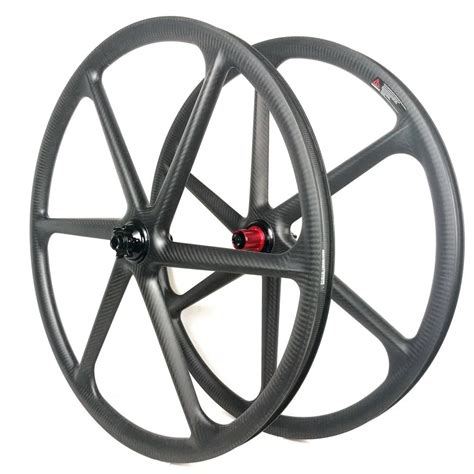 Full Carbon Clincher Tubeless 6 Spoke Bicycle Wheels Front Thru Axel