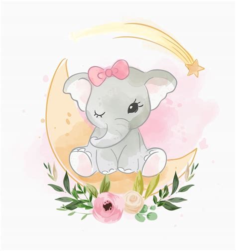 Bebé Elefante Sentado En La Luna Con Flores Vector Premium