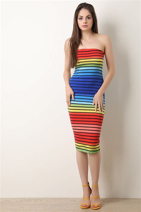 Colorful Horizontal Striped Tube Midi Dress In 2021 Tube Midi Dress Fashion Dresses