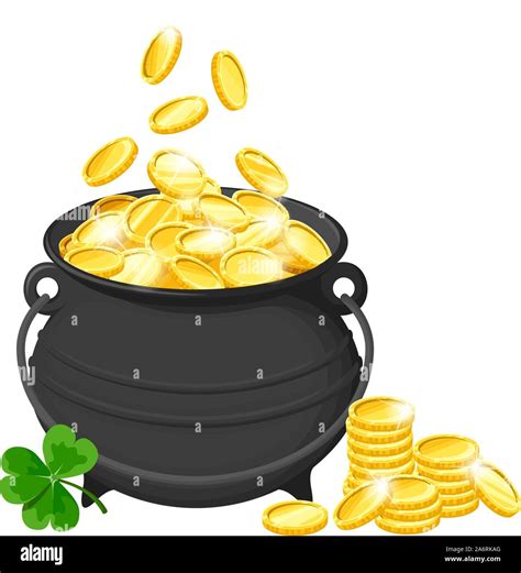 Vector Black Pot Of Gold Coins And Shamrock Isolated On A White