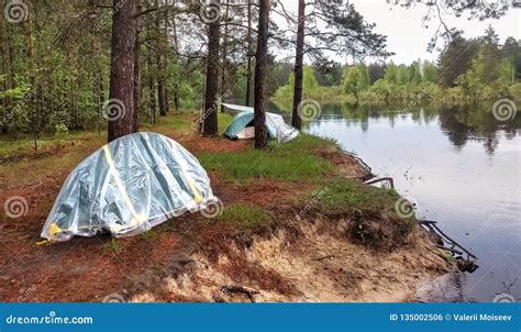Tent Camping In Beautiful Forest Near River Landscape Stock Photo