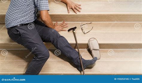 Senior Man With Stick Falling Down Stair Stock Image Image Of Falling