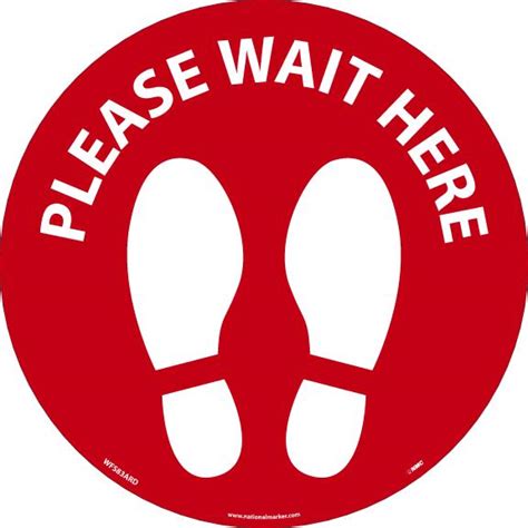 Please Wait Here Foot Print Floor Sign White On Red Safety Supplies