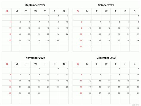 September To December 2022 Printable Calendar Four Months Per Page
