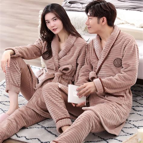 2018 couples winter flannel men s coral velvet thick long sleeved pajamas home service long