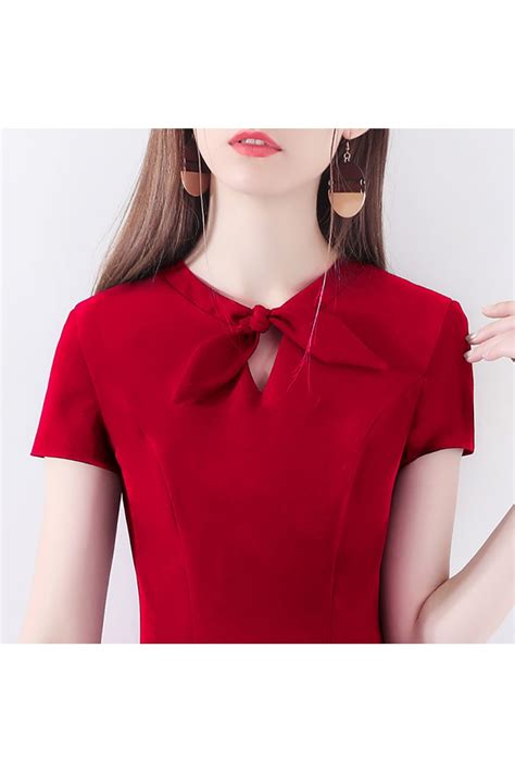 Burgundy Red Flare Short Party Dress With Short Sleeves Bow Knot 55