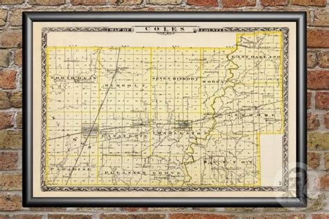 Vintage Coles County Il Map 1876 Old Illinois Map Historical Wall