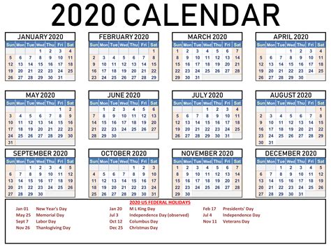 Free Printable 2020 Holidays Calendar Holiday Calendar