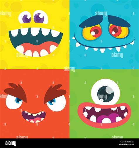 Caras De Monstruo De Dibujos Animados Vector Conjunto De Cuatro Caras