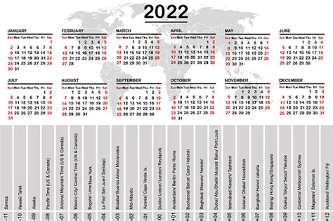 2022 Kalender Mit Weltkarte Und Zeitzonen Stock Vektor Art Und Mehr