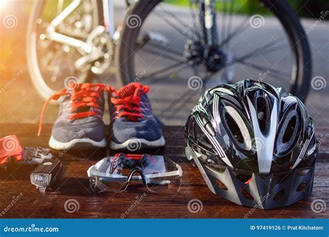 Set Bicycle Equipment On A Top Wood Stock Photo Image Of Cycling