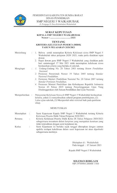 Contoh Surat Keputusan (SK) Kriteria Kelulusan Siswa Jenjang SMP/ MTs