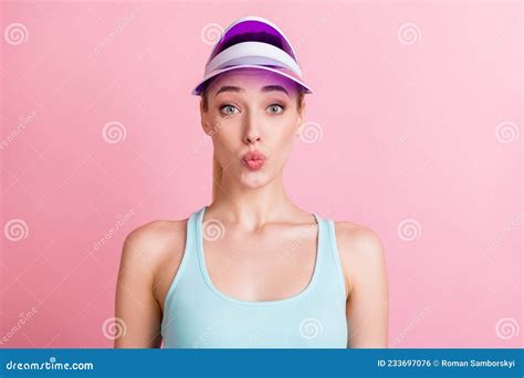 Photo Of Flirty Blond Millennial Lady Blow Kiss Wear Blue Top Visor