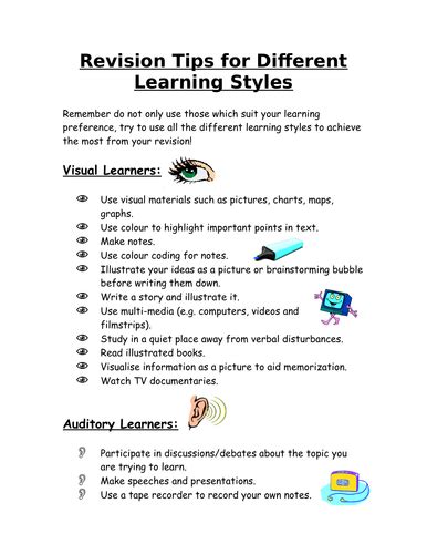 Gcse Learning Style Vak Revision Cards Teaching Resources Visual