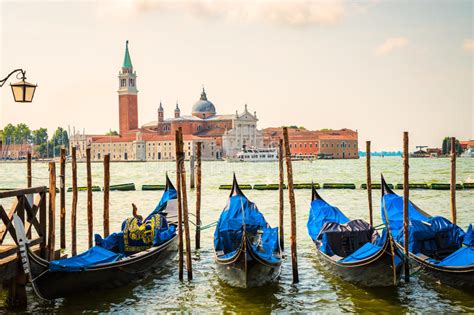 Venice With Gondolas And Church Of San Giorgio Maggiore Stock Photo