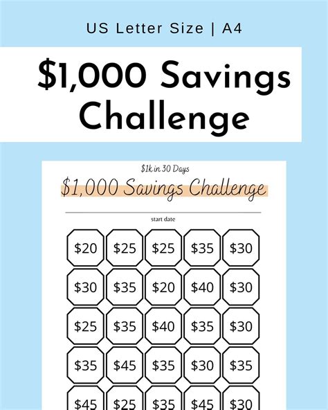 30 Day Savings Challenge Printable Pdf Save 1000 In 30 Etsy