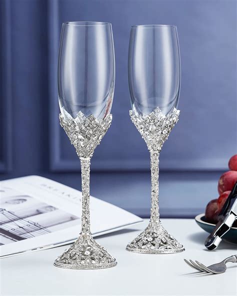 Buy Jozen T Champagne Flutes Crystal Glass Metal Base With Crystal Stones Set Of 2