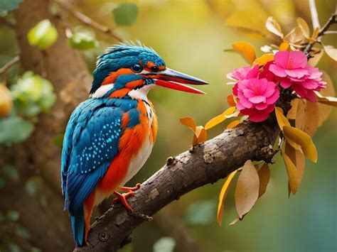 Premium Ai Image Colorful Kingfisher Bird Sitting On A Tree Branch