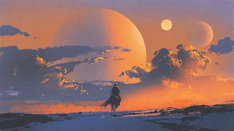 Cowboy Riding A Horse Against Sunset Sky Stock Illustration Download
